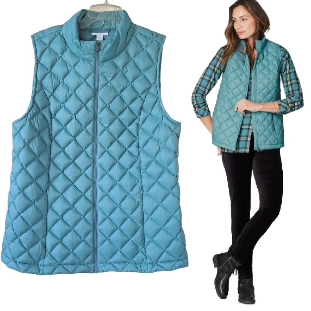 J Jill Down Quilted Vest Puffer Size Small Blue Topaz Zip Front Casual Cozy